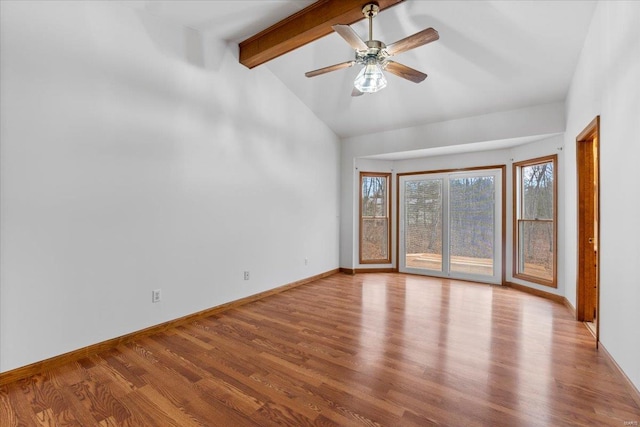 unfurnished room featuring beamed ceiling, high vaulted ceiling, ceiling fan, and light hardwood / wood-style flooring