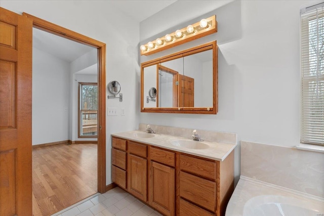 bathroom featuring vanity, plenty of natural light, and wood-type flooring