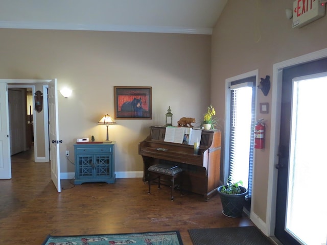 misc room with crown molding and dark wood-type flooring