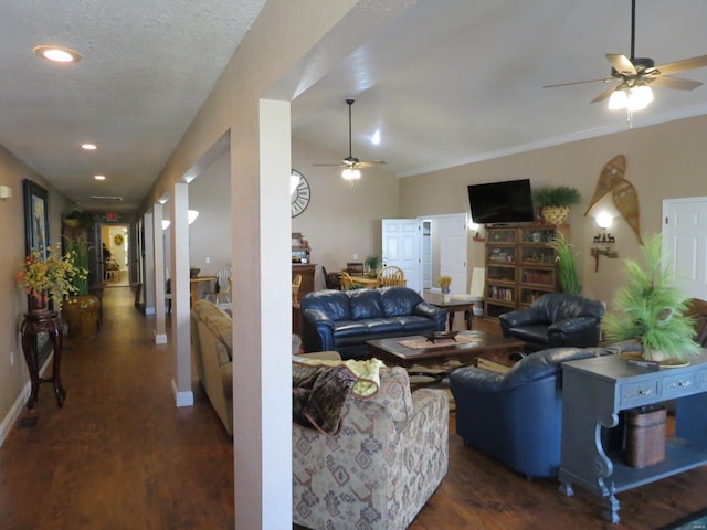 living room with ceiling fan, lofted ceiling, dark wood-type flooring, and a textured ceiling