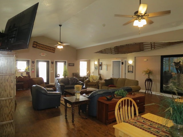 living room with ornamental molding, lofted ceiling, dark hardwood / wood-style floors, and ceiling fan