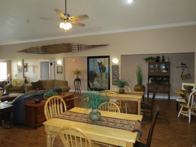 dining room featuring ceiling fan, ornamental molding, and dark hardwood / wood-style floors