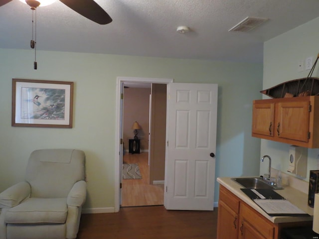 kitchen featuring ceiling fan, dark hardwood / wood-style flooring, sink, and a textured ceiling