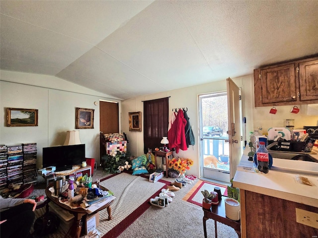 living room with sink, vaulted ceiling, carpet, and a textured ceiling