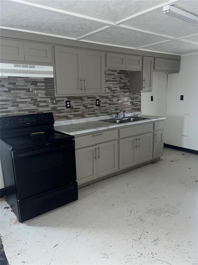 kitchen featuring black electric range oven, backsplash, gray cabinets, and sink