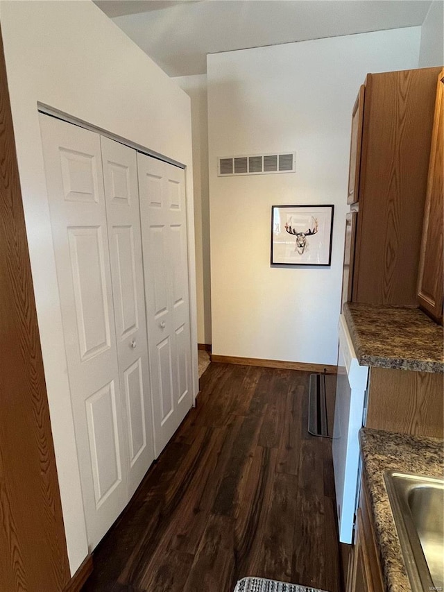 hall featuring sink and dark wood-type flooring