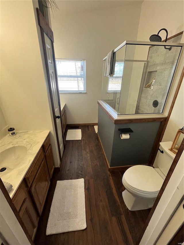 bathroom with vanity, hardwood / wood-style flooring, toilet, and walk in shower