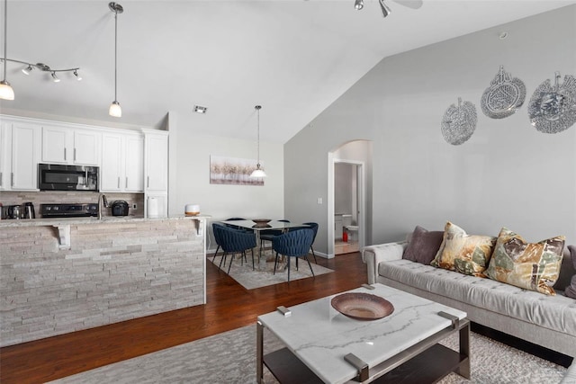 living room with dark wood-type flooring, sink, and high vaulted ceiling