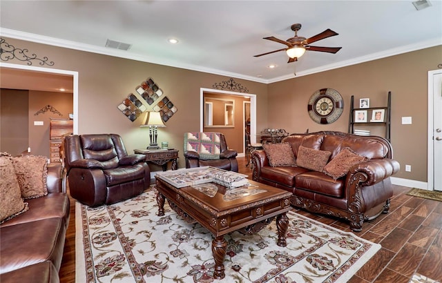 living room featuring crown molding, ceiling fan, and dark hardwood / wood-style flooring