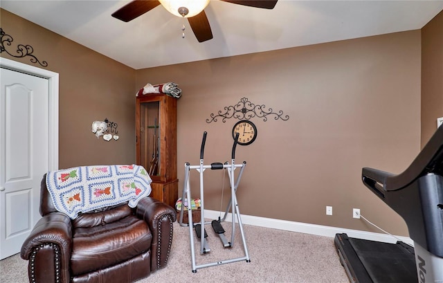 workout area with carpet flooring and ceiling fan