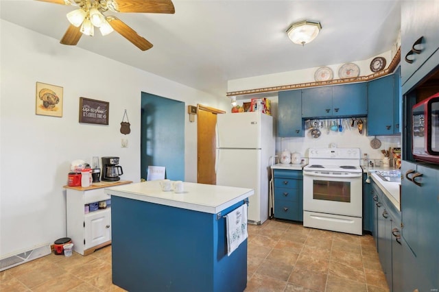 kitchen with blue cabinets, ceiling fan, a kitchen island, and white appliances