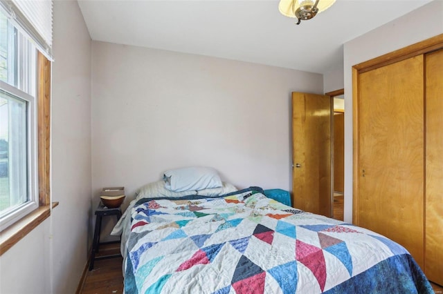 bedroom with dark wood-type flooring and a closet