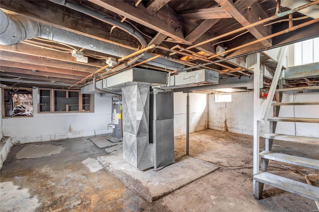 basement with heating unit and water heater