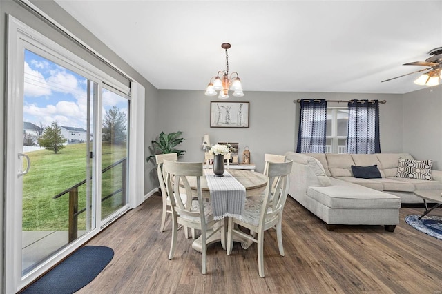 dining room with dark hardwood / wood-style flooring and ceiling fan with notable chandelier