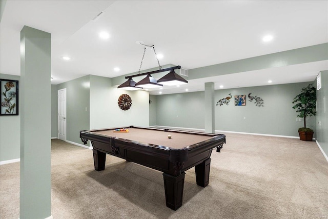 playroom featuring light carpet and billiards