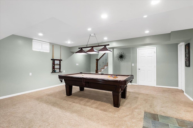 game room featuring light colored carpet and pool table