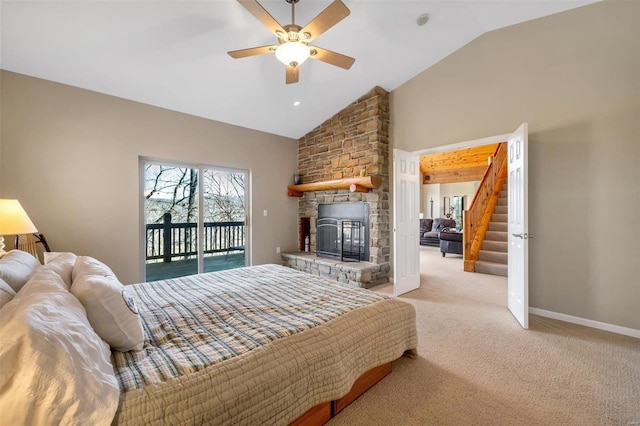 bedroom featuring ceiling fan, high vaulted ceiling, light colored carpet, baseboards, and access to exterior