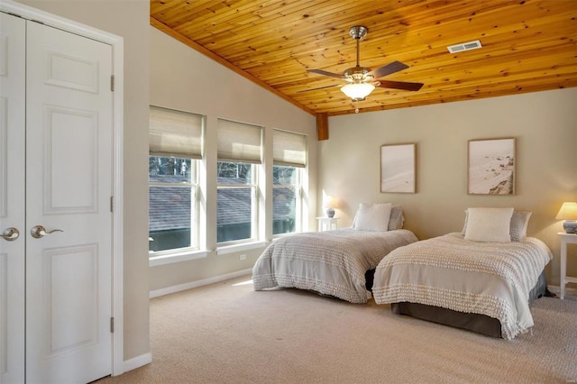 bedroom featuring lofted ceiling, wooden ceiling, light colored carpet, visible vents, and baseboards