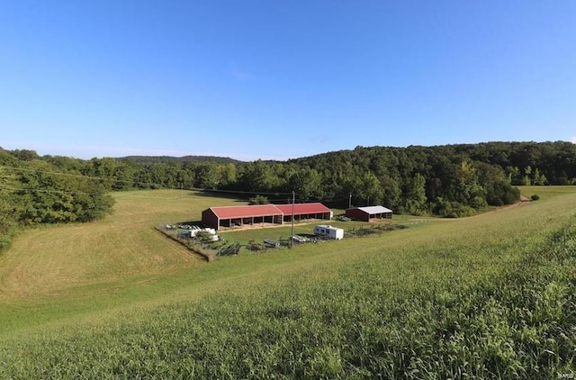 drone / aerial view featuring a rural view and a wooded view