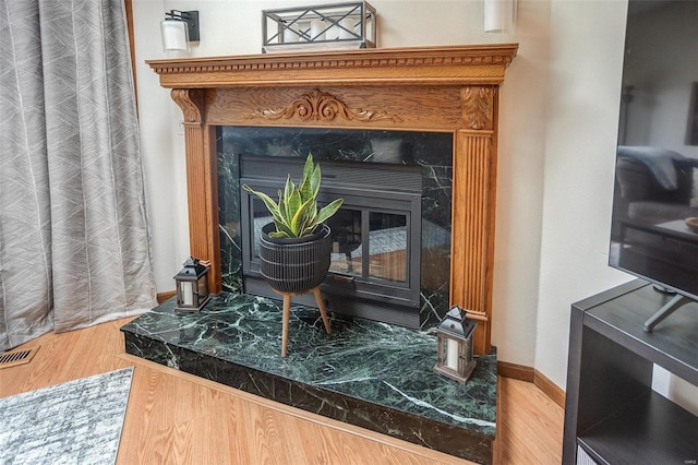 room details with hardwood / wood-style flooring and a high end fireplace