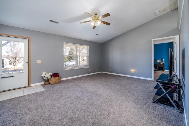 interior space featuring lofted ceiling and ceiling fan