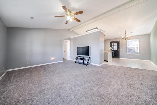 unfurnished living room with ceiling fan with notable chandelier, lofted ceiling with beams, and light carpet