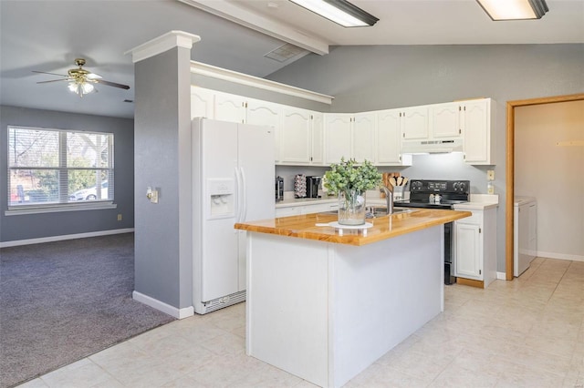 kitchen with white cabinetry, black range with electric stovetop, independent washer and dryer, a center island, and white fridge with ice dispenser