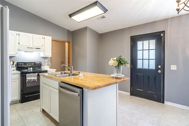 kitchen featuring white cabinetry, dishwasher, sink, a kitchen island with sink, and black range with electric cooktop