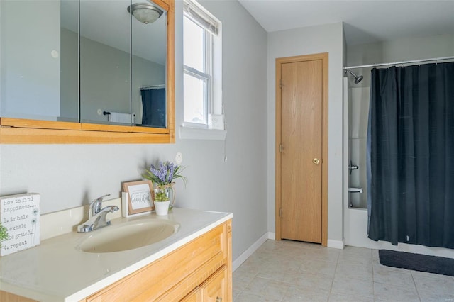 bathroom featuring tile patterned flooring, vanity, and shower / bathtub combination with curtain