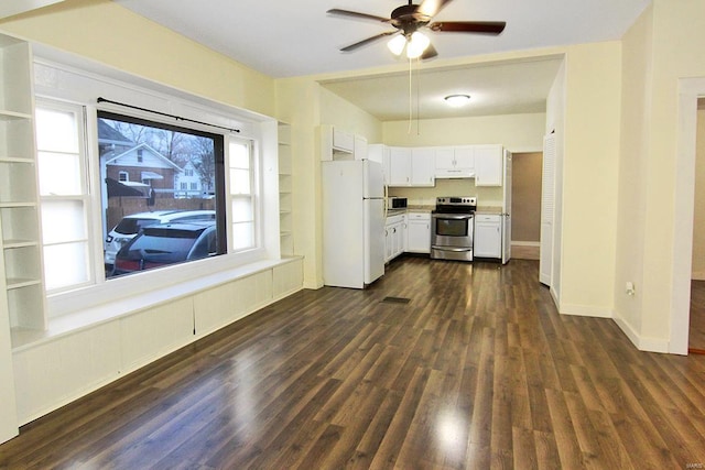 kitchen with white refrigerator, stainless steel range with electric stovetop, white cabinetry, and dark wood-type flooring