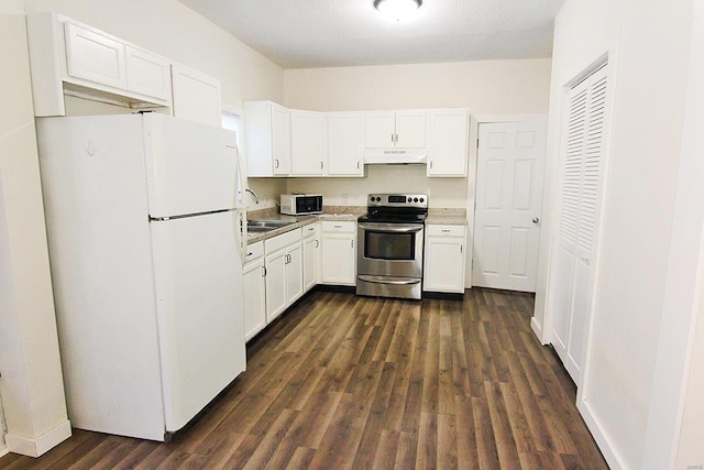 kitchen with white cabinetry, sink, white appliances, and dark hardwood / wood-style floors