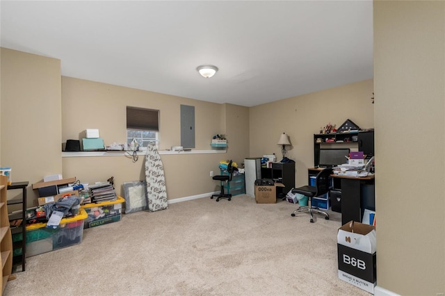 carpeted office featuring electric panel