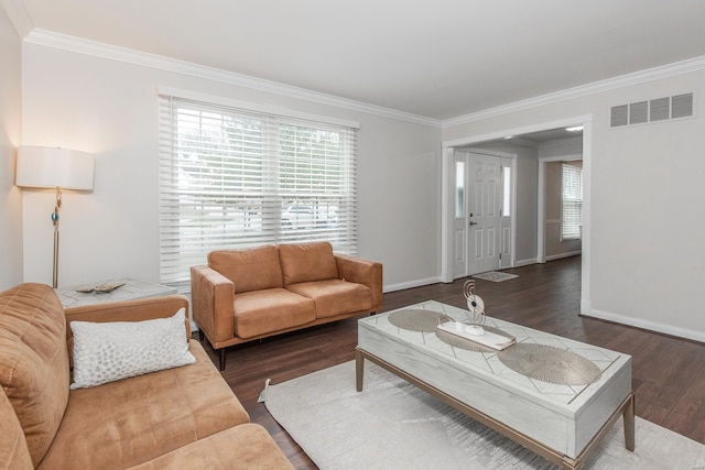 living room featuring crown molding, a healthy amount of sunlight, and dark hardwood / wood-style floors