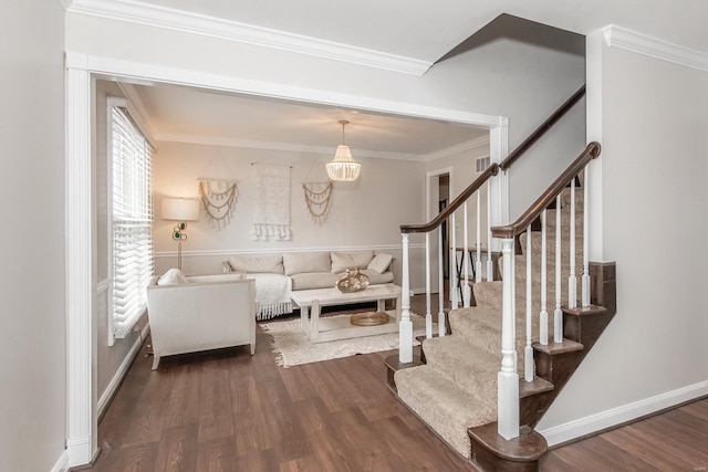 interior space featuring ornamental molding and dark hardwood / wood-style floors