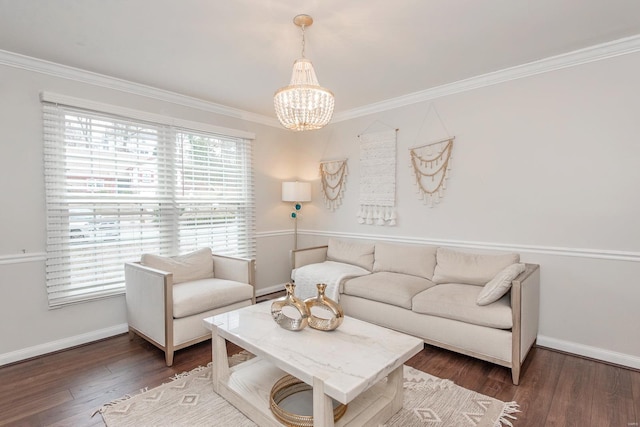 living room featuring ornamental molding, a healthy amount of sunlight, dark wood-type flooring, and a chandelier