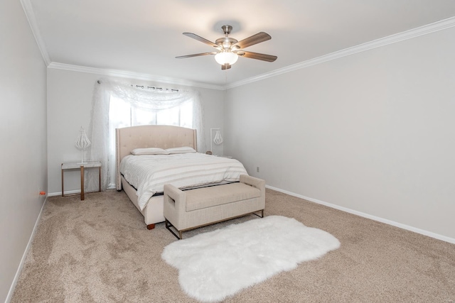 bedroom with crown molding, light colored carpet, and ceiling fan