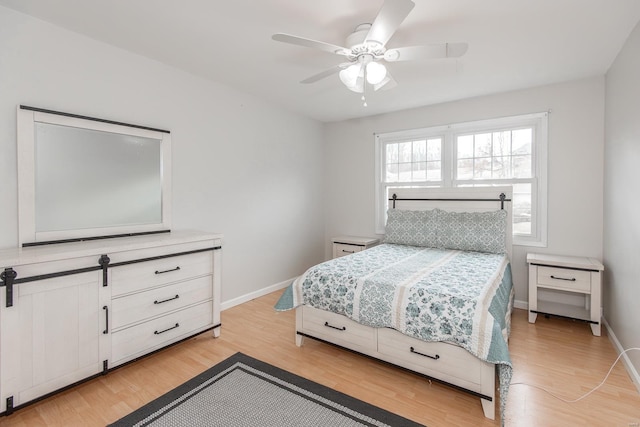 bedroom with light hardwood / wood-style flooring and ceiling fan