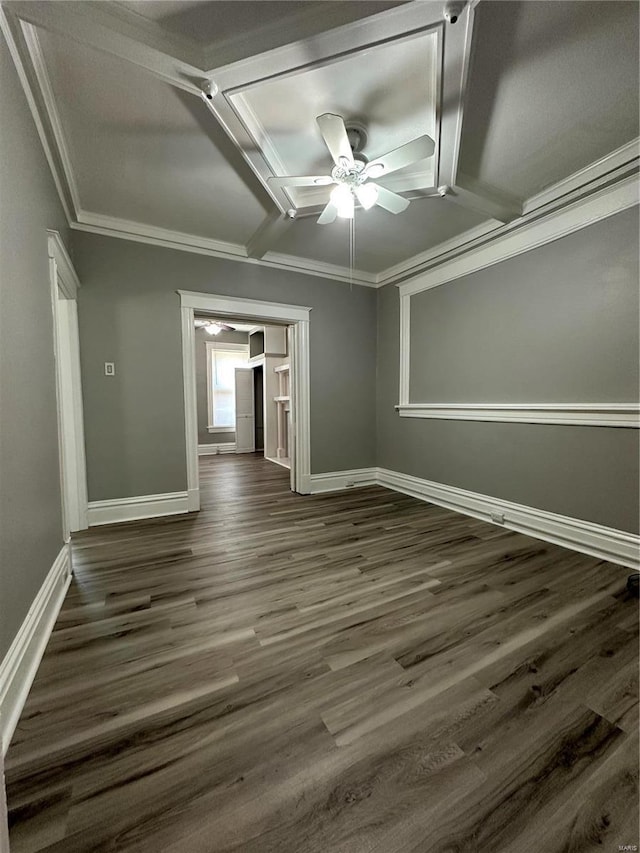 unfurnished room with dark hardwood / wood-style flooring, crown molding, and ceiling fan