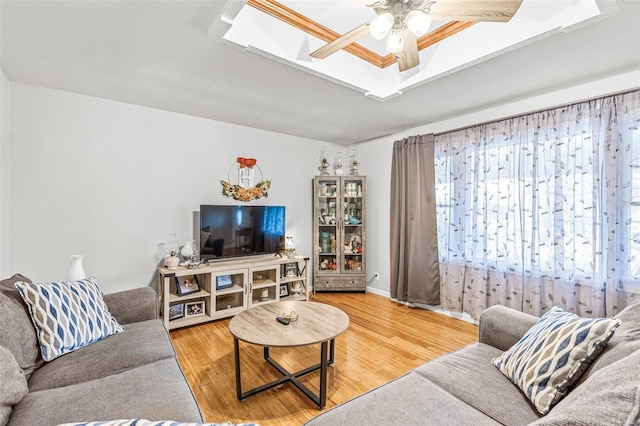 living room with hardwood / wood-style flooring, ceiling fan, and a raised ceiling