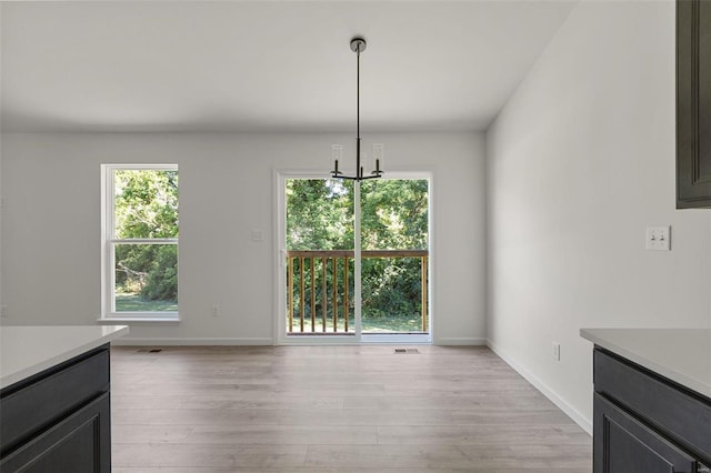 unfurnished dining area with light hardwood / wood-style flooring