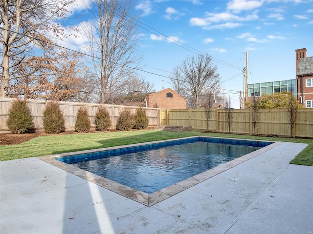 view of swimming pool featuring a yard and a patio area