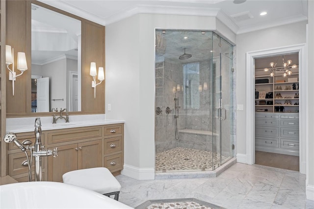 full bathroom with vanity, baseboards, marble finish floor, ornamental molding, and a shower stall