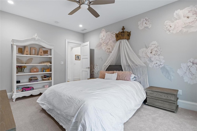 carpeted bedroom featuring baseboards, visible vents, a ceiling fan, and recessed lighting