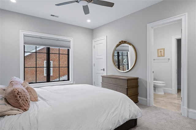 bedroom with light carpet, baseboards, visible vents, and recessed lighting