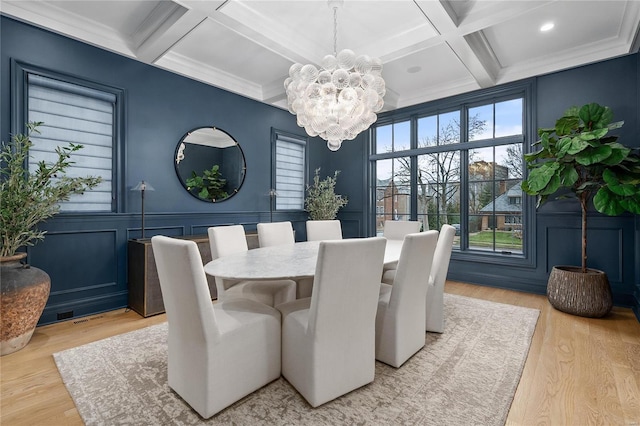 dining space featuring light wood finished floors, beamed ceiling, coffered ceiling, and a notable chandelier