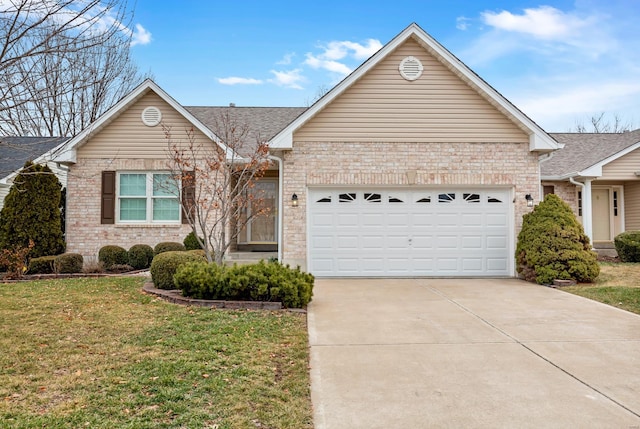 ranch-style house with a garage and a front lawn