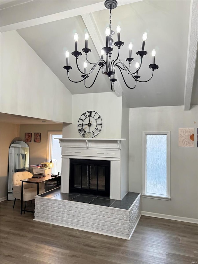 living room featuring dark hardwood / wood-style flooring, high vaulted ceiling, and beamed ceiling