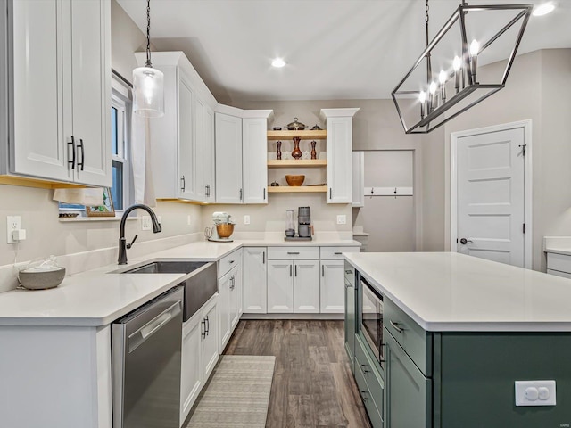 kitchen featuring stainless steel appliances, dark wood-type flooring, white cabinets, light countertops, and open shelves