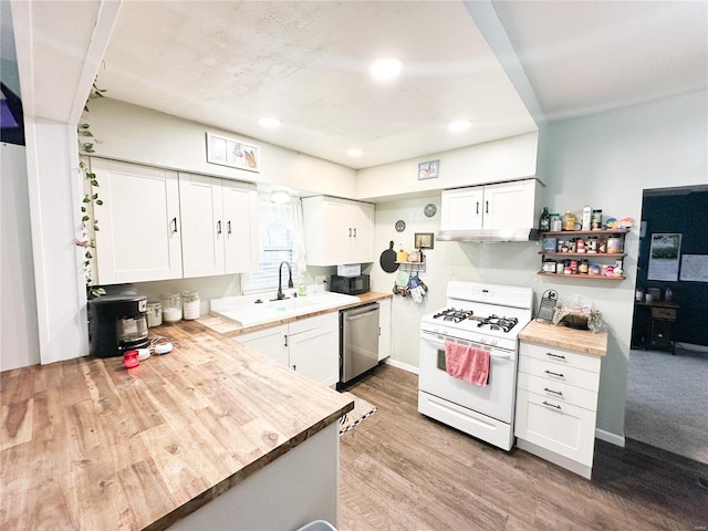 kitchen with stainless steel dishwasher, gas range gas stove, and white cabinets