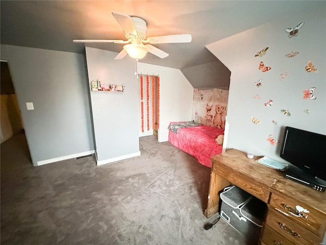 carpeted bedroom with lofted ceiling and ceiling fan